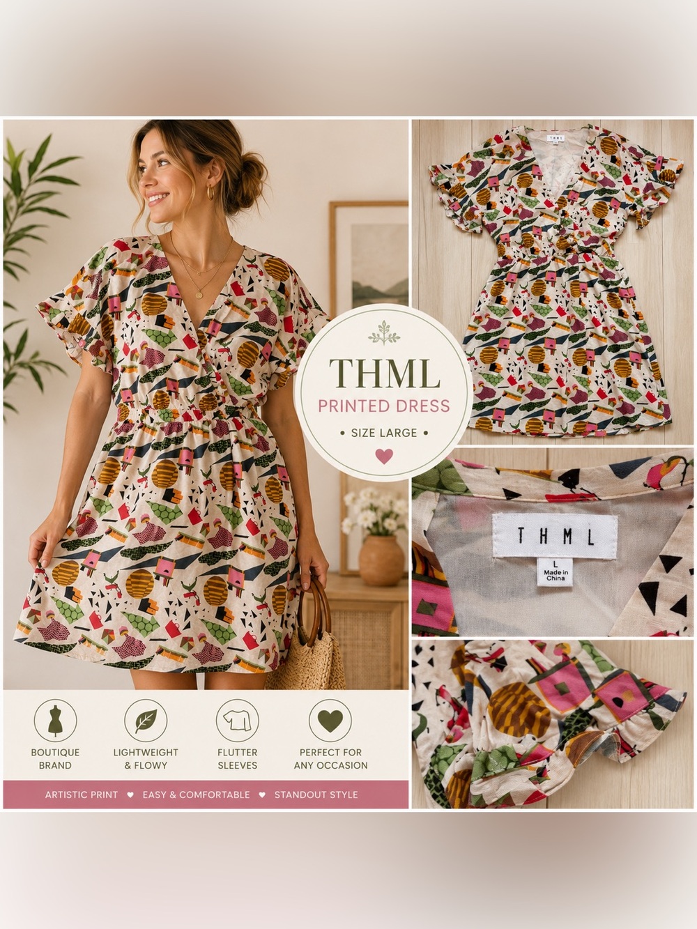 THML Women’s Large Abstract Print Wrap Dress Flutter Sleeve Boho Midi Pink Green